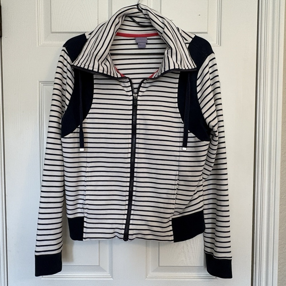 LAURA SCOTT  Nautical‎ Womens White/Navy Striped Full Zip Mock Neck Sweatshirt L
